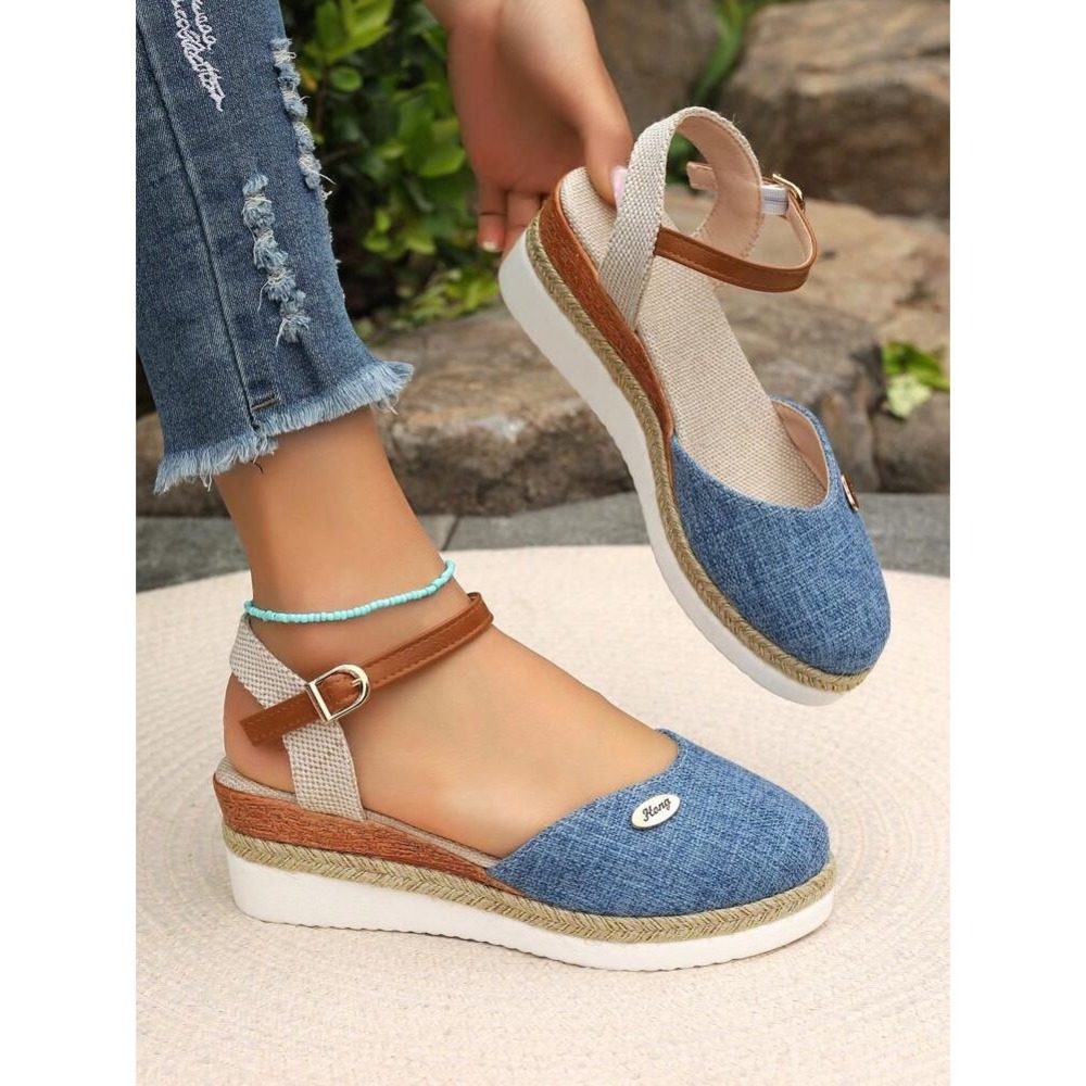 Hong Womens Denim Espadrille Wedge Sandals Blue Platform Ankle Strap